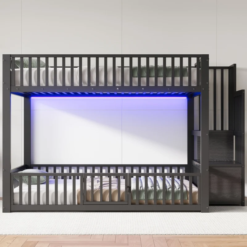 Letto a castello 140x200 con scala contenitore e illuminazione LED; struttura in metallo e MDF; nero