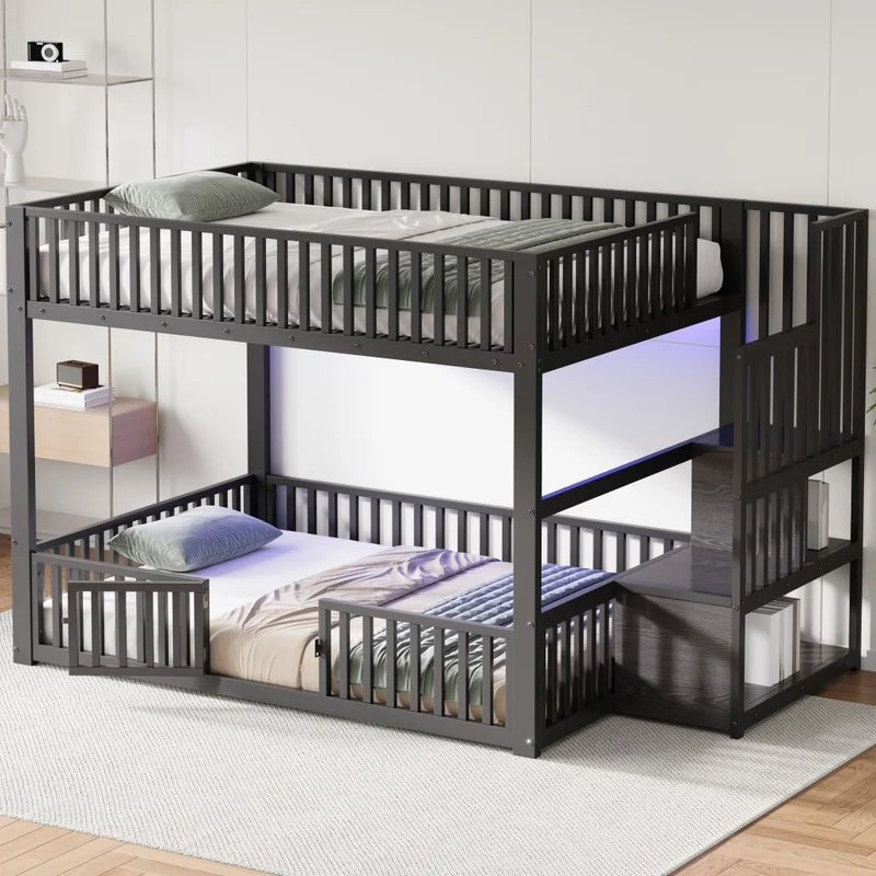Letto a castello 140x200 con scala contenitore e illuminazione LED; struttura in metallo e MDF; nero