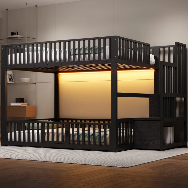 Letto a castello 140x200 con scala contenitore e illuminazione LED; struttura in metallo e MDF; nero