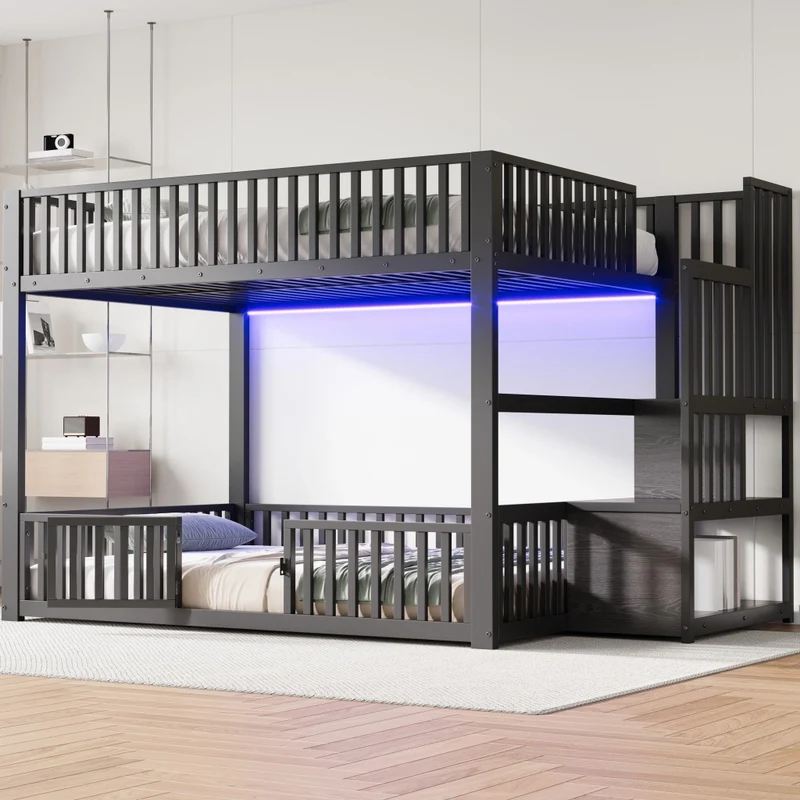 Letto a castello 140x200 con scala contenitore e illuminazione LED; struttura in metallo e MDF; nero