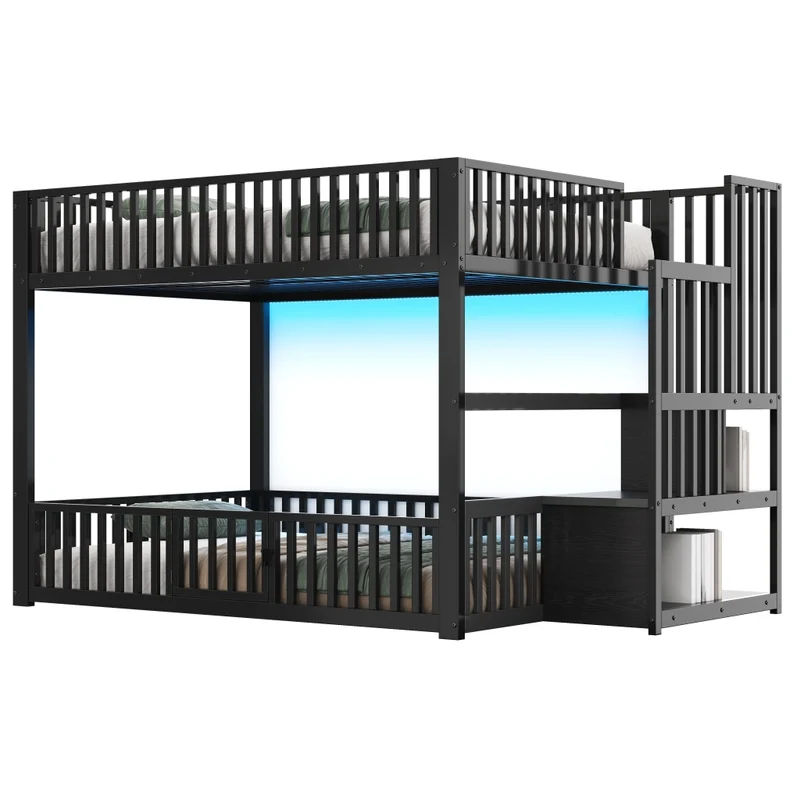 Letto a castello 140x200 con scala contenitore e illuminazione LED; struttura in metallo e MDF; nero