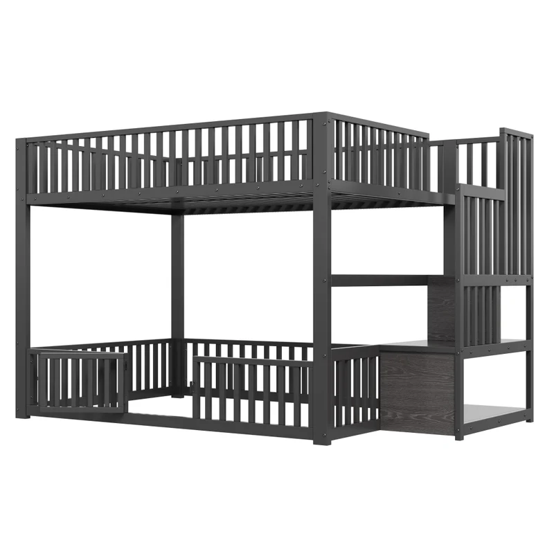 Letto a castello 140x200 con scala contenitore e illuminazione LED; struttura in metallo e MDF; nero