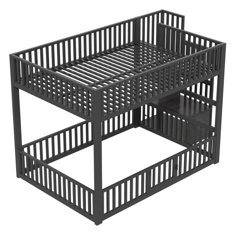 Letto a castello 140x200 con scala contenitore e illuminazione LED; struttura in metallo e MDF; nero