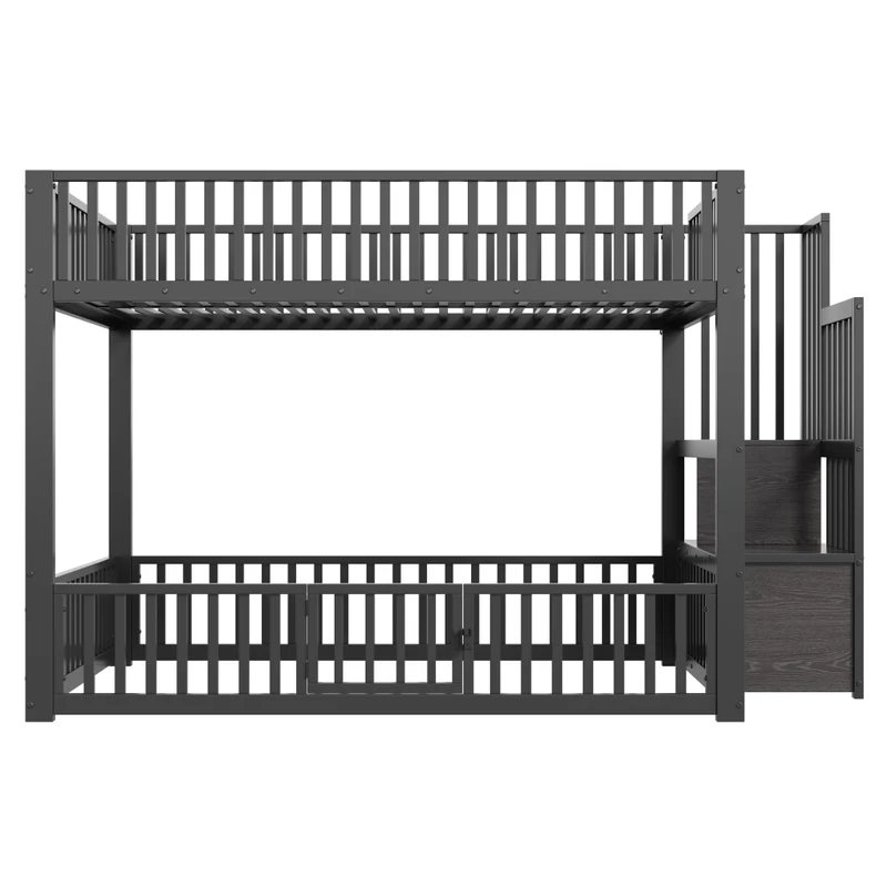 Letto a castello 140x200 con scala contenitore e illuminazione LED; struttura in metallo e MDF; nero