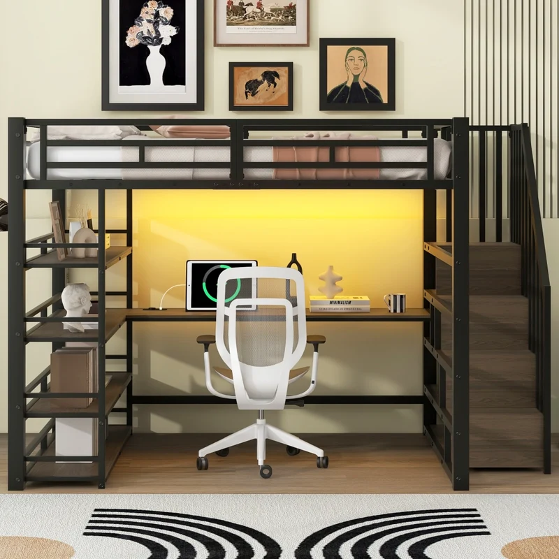 Letto a soppalco 140x200 con scrivania; LED e scala contenitore; metallo nero