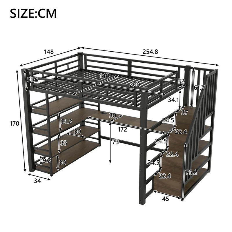 Letto a soppalco 140x200 con scrivania; LED e scala contenitore; metallo nero