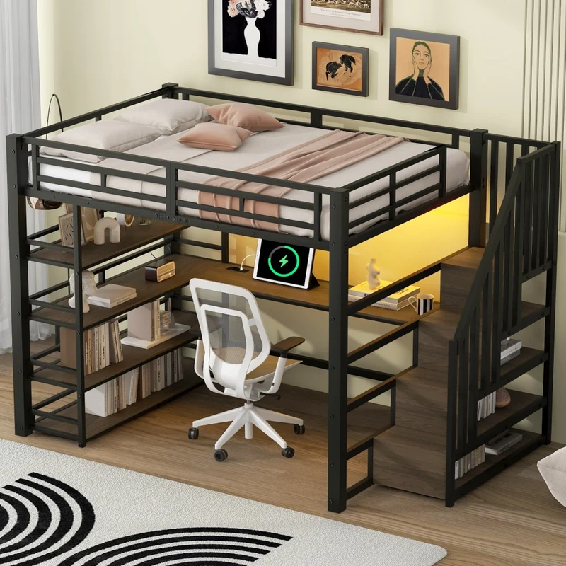 Letto a soppalco 140x200 con scrivania; LED e scala contenitore; metallo nero