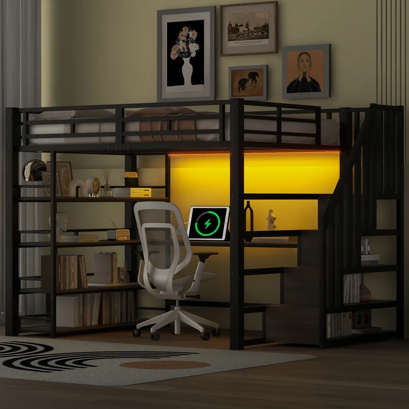 Letto a soppalco 140x200 con scrivania; LED e scala contenitore; metallo nero