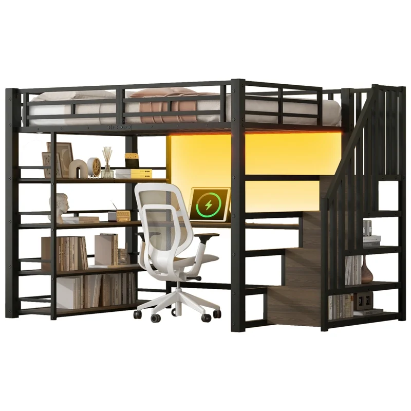Letto a soppalco 140x200 con scrivania; LED e scala contenitore; metallo nero