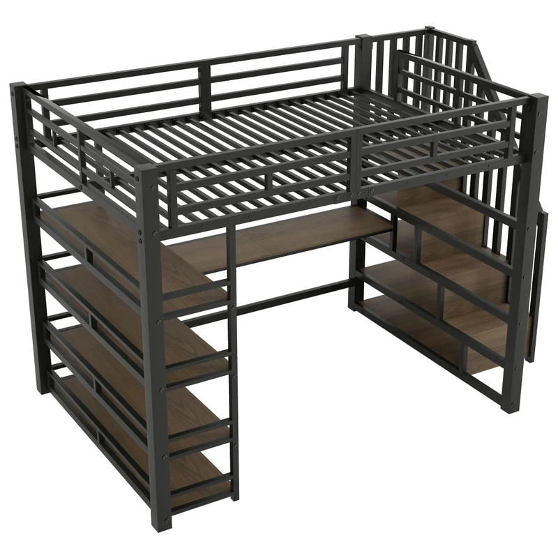 Letto a soppalco 140x200 con scrivania; LED e scala contenitore; metallo nero