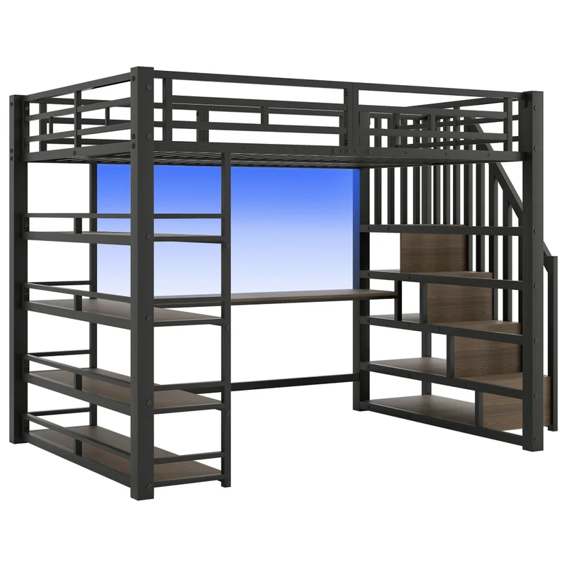 Letto a soppalco 140x200 con scrivania; LED e scala contenitore; metallo nero