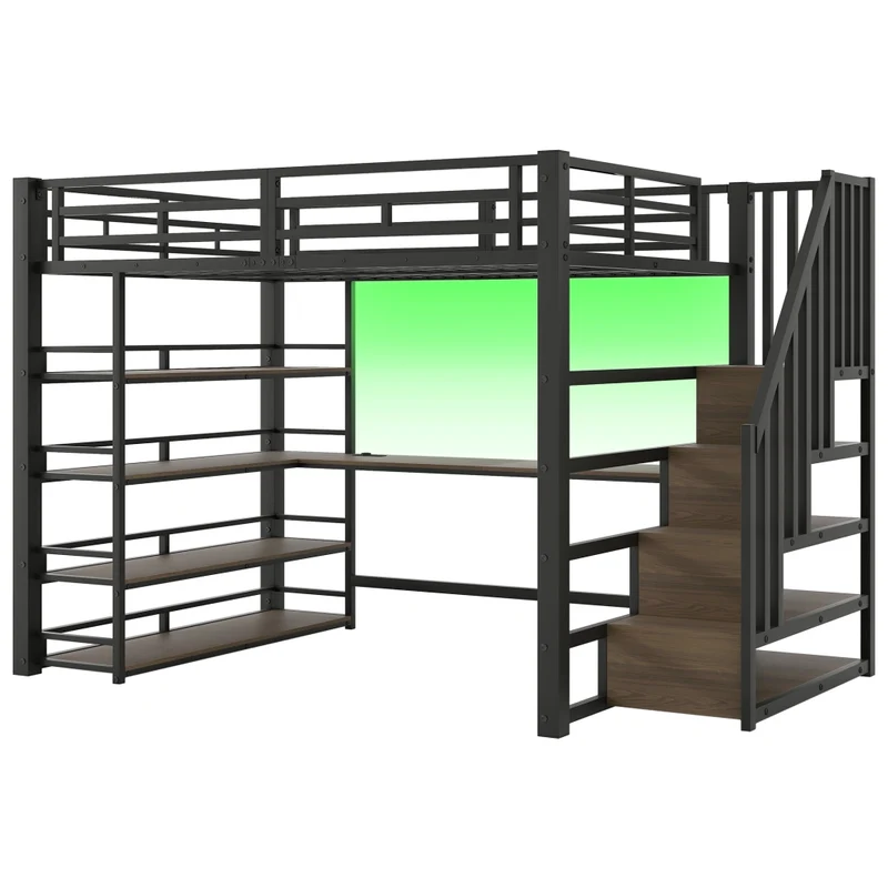 Letto a soppalco 140x200 con scrivania; LED e scala contenitore; metallo nero
