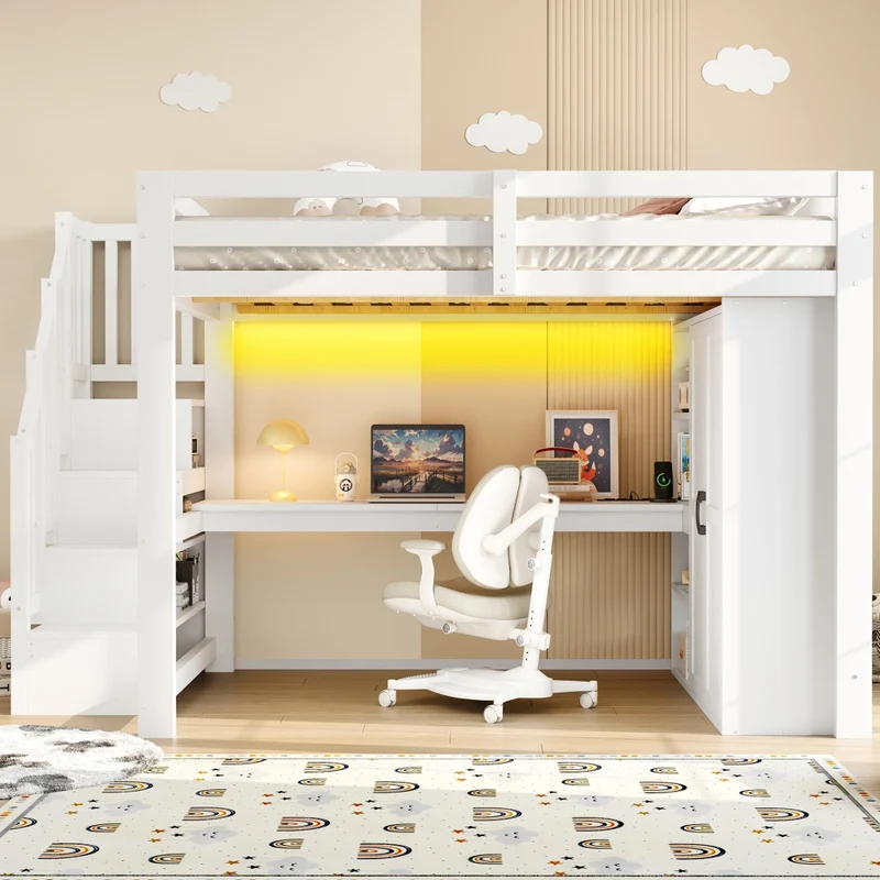 Letto a soppalco 140x200 con scrivania; armadio integrato; scala contenitore e luci LED bianco