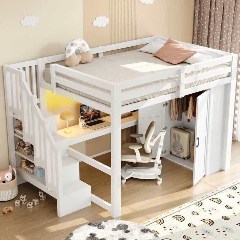 Letto a soppalco 140x200 con scrivania; armadio integrato; scala contenitore e luci LED bianco