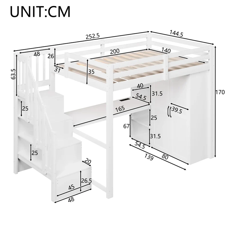 Letto a soppalco 140x200 con scrivania; armadio integrato; scala contenitore e luci LED bianco