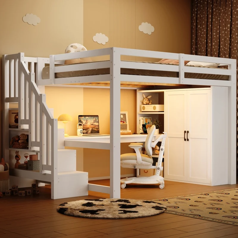 Letto a soppalco 140x200 con scrivania; armadio integrato; scala contenitore e luci LED bianco