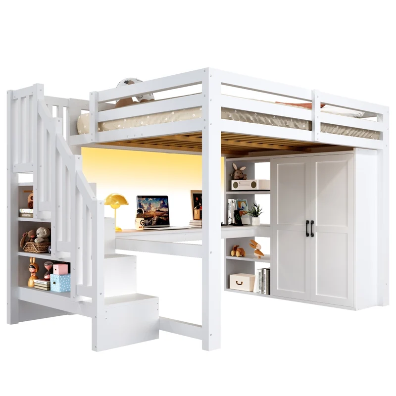 Letto a soppalco 140x200 con scrivania; armadio integrato; scala contenitore e luci LED bianco