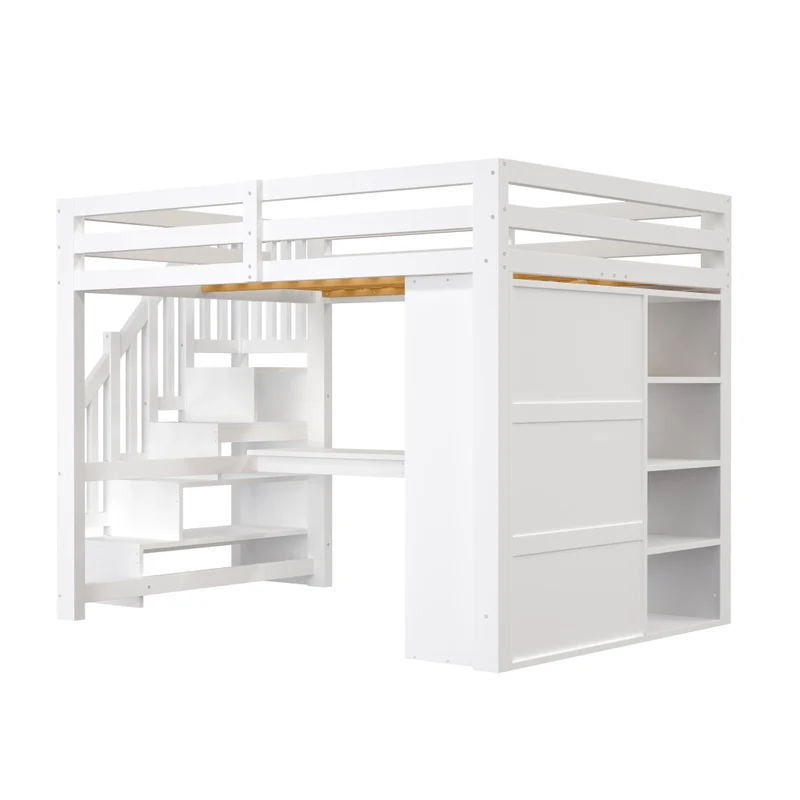 Letto a soppalco 140x200 con scrivania; armadio integrato; scala contenitore e luci LED bianco