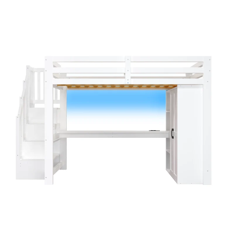 Letto a soppalco 140x200 con scrivania; armadio integrato; scala contenitore e luci LED bianco
