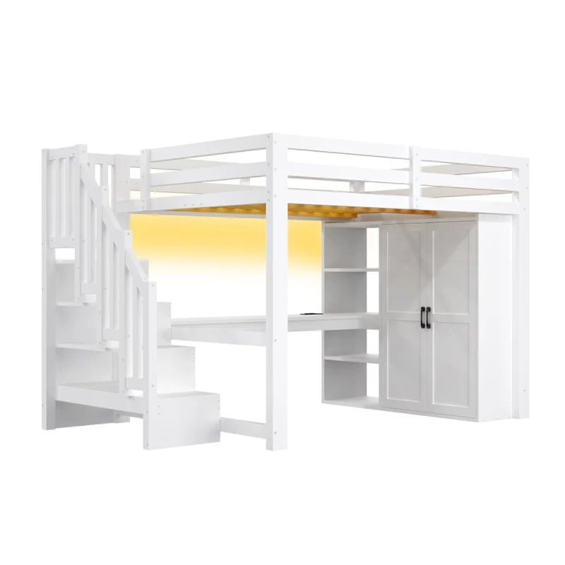 Letto a soppalco 140x200 con scrivania; armadio integrato; scala contenitore e luci LED bianco