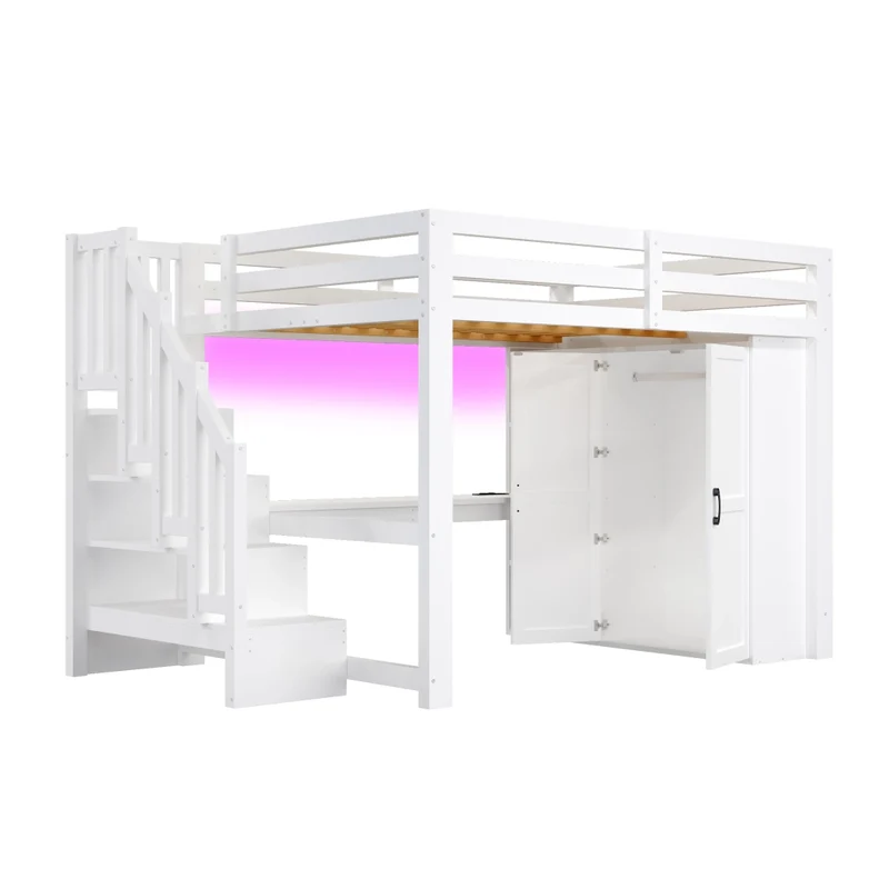 Letto a soppalco 140x200 con scrivania; armadio integrato; scala contenitore e luci LED bianco