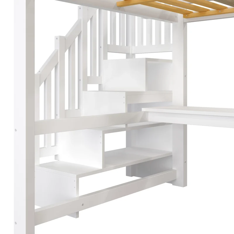 Letto a soppalco 140x200 con scrivania; armadio integrato; scala contenitore e luci LED bianco