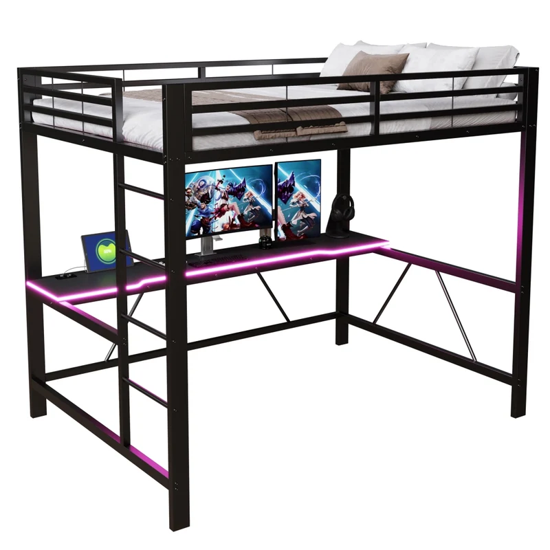 Letto a soppalco 140x200 con scrivania; struttura in metallo nero; LED e ricarica USB