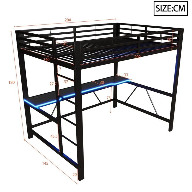 Letto a soppalco 140x200 con scrivania; struttura in metallo nero; LED e ricarica USB