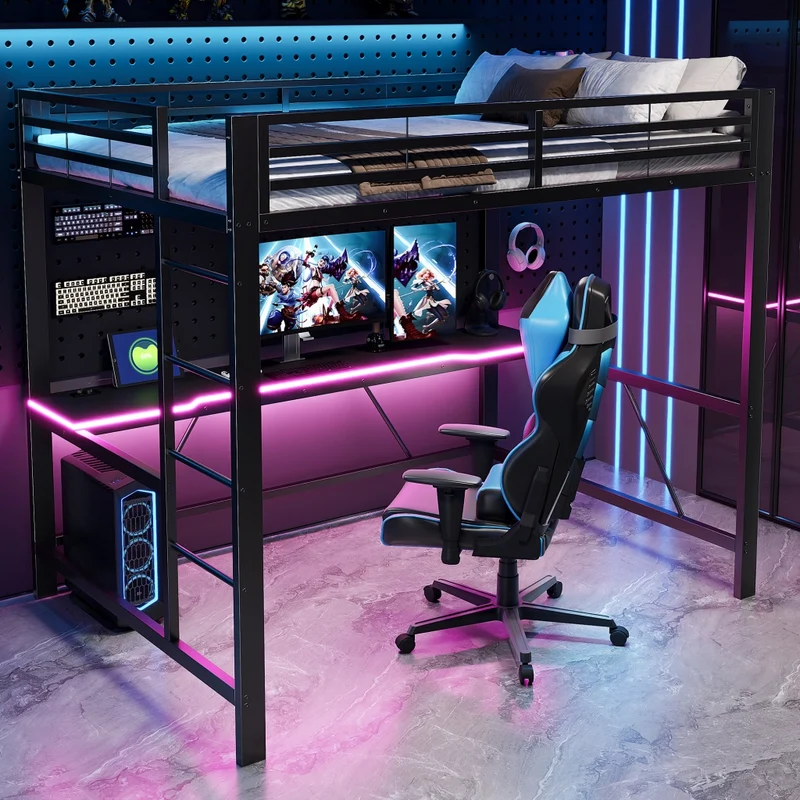Letto a soppalco 140x200 con scrivania; struttura in metallo nero; LED e ricarica USB