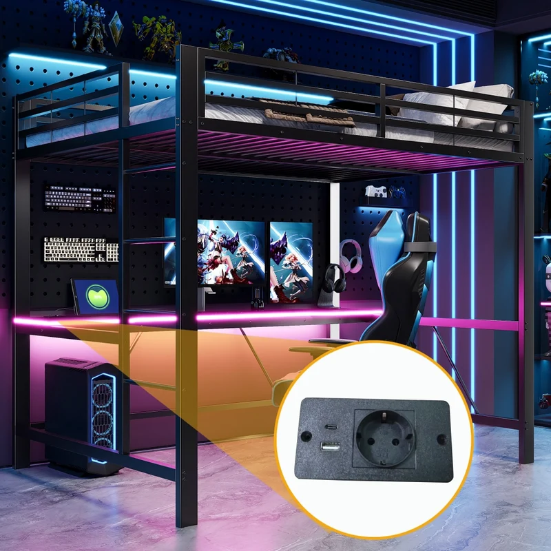 Letto a soppalco 140x200 con scrivania; struttura in metallo nero; LED e ricarica USB