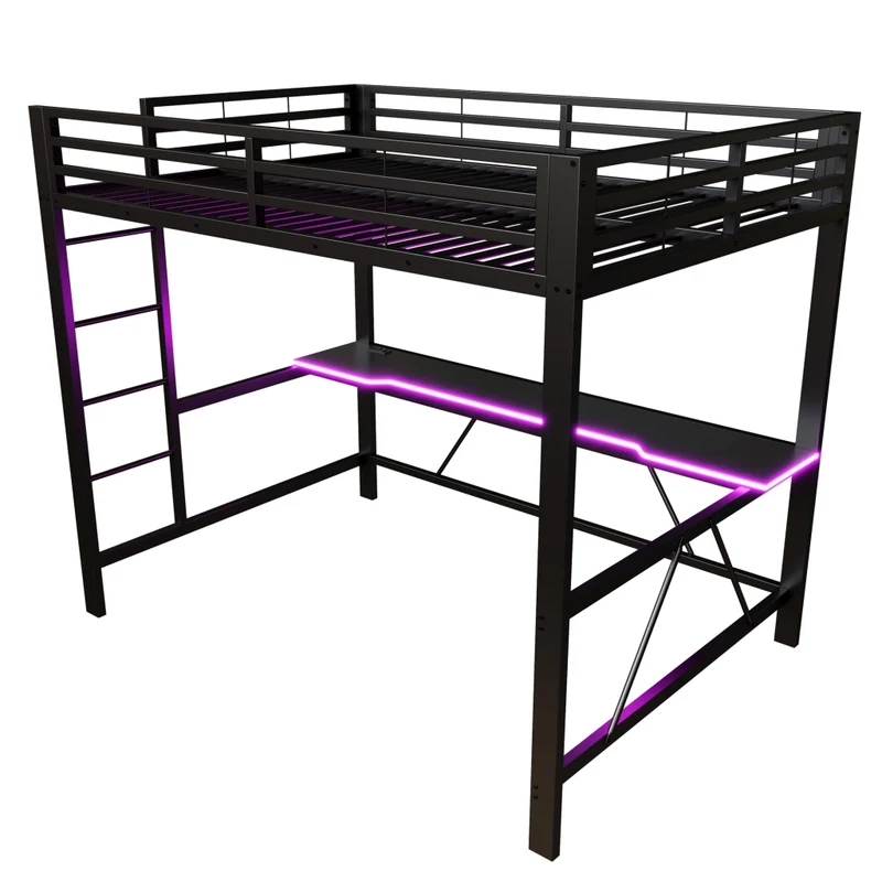 Letto a soppalco 140x200 con scrivania; struttura in metallo nero; LED e ricarica USB