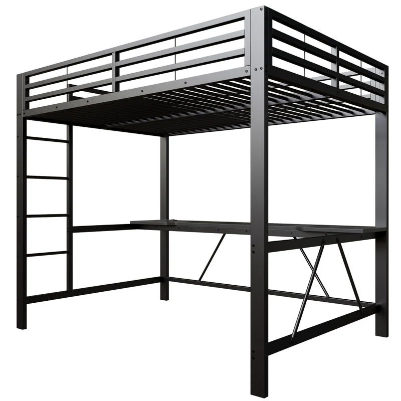 Letto a soppalco 140x200 con scrivania; struttura in metallo nero; LED e ricarica USB