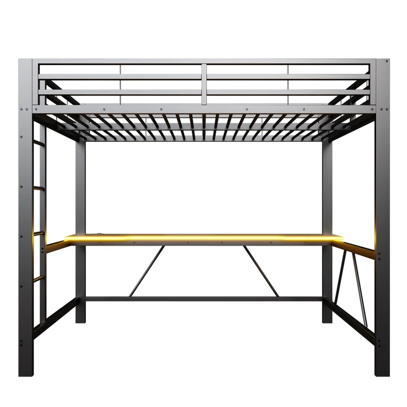 Letto a soppalco 140x200 con scrivania; struttura in metallo nero; LED e ricarica USB