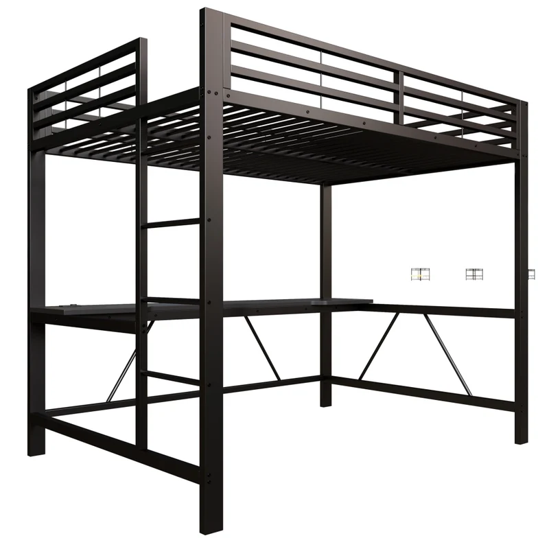 Letto a soppalco 140x200 con scrivania; struttura in metallo nero; LED e ricarica USB