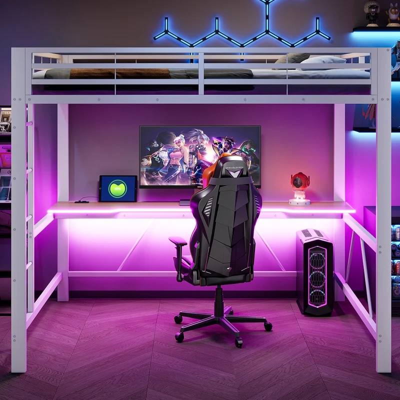 Letto a soppalco 140x200 con scrivania; LED multicolore e struttura in metallo bianco