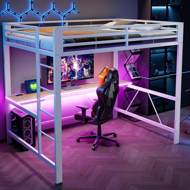Letto a soppalco 140x200 con scrivania; LED multicolore e struttura in metallo bianco