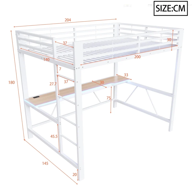 Letto a soppalco 140x200 con scrivania; LED multicolore e struttura in metallo bianco