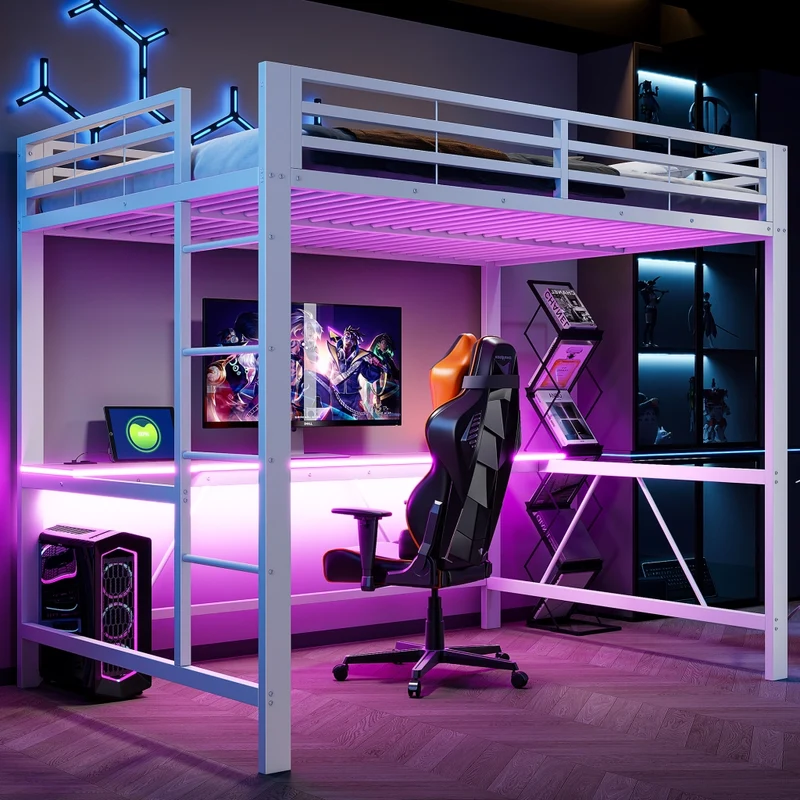 Letto a soppalco 140x200 con scrivania; LED multicolore e struttura in metallo bianco