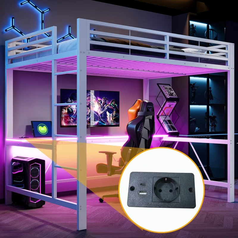 Letto a soppalco 140x200 con scrivania; LED multicolore e struttura in metallo bianco