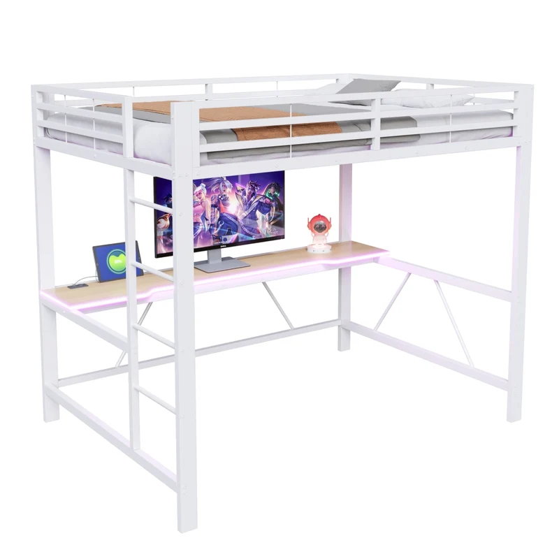 Letto a soppalco 140x200 con scrivania; LED multicolore e struttura in metallo bianco