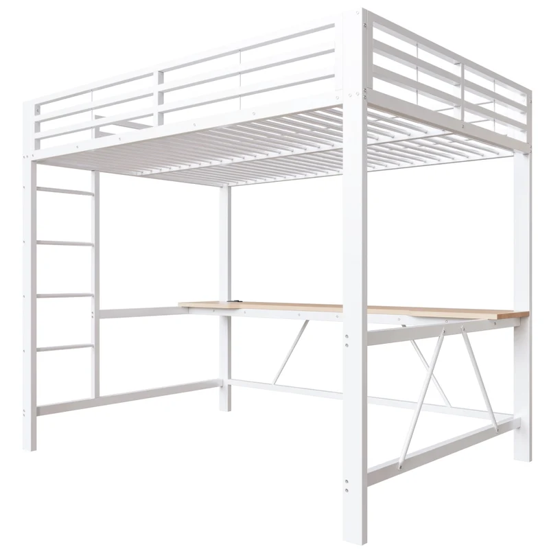 Letto a soppalco 140x200 con scrivania; LED multicolore e struttura in metallo bianco