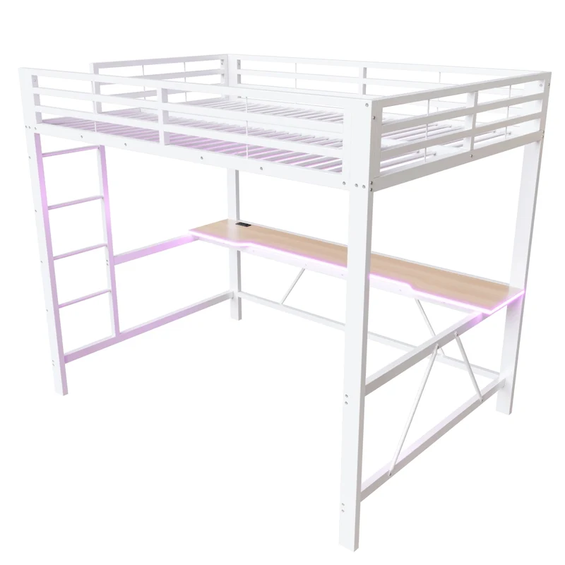 Letto a soppalco 140x200 con scrivania; LED multicolore e struttura in metallo bianco