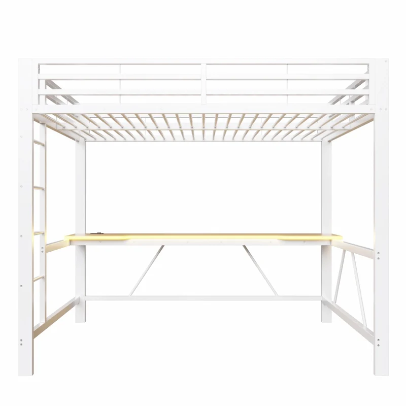 Letto a soppalco 140x200 con scrivania; LED multicolore e struttura in metallo bianco