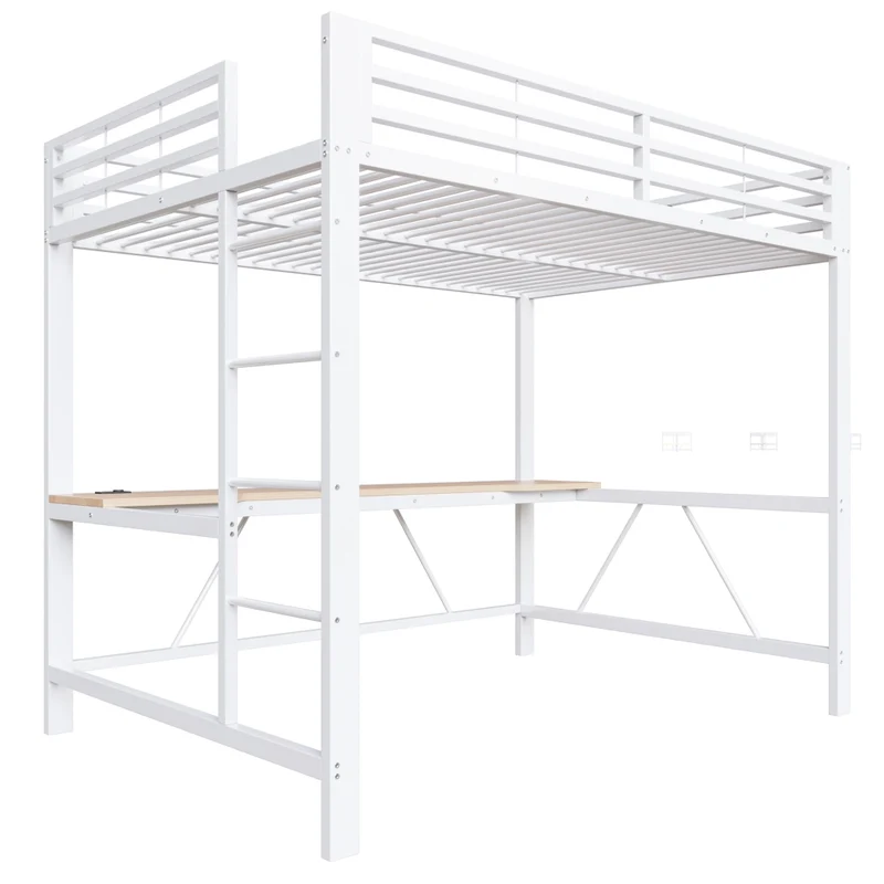 Letto a soppalco 140x200 con scrivania; LED multicolore e struttura in metallo bianco