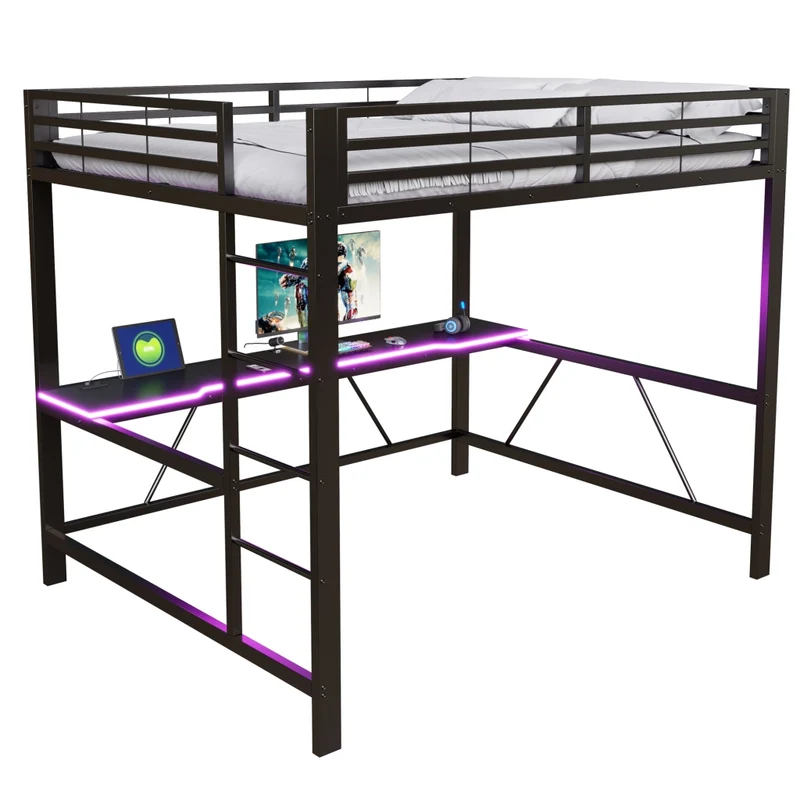Letto a soppalco 160x200 con scrivania; LED e USB; struttura in metallo nero