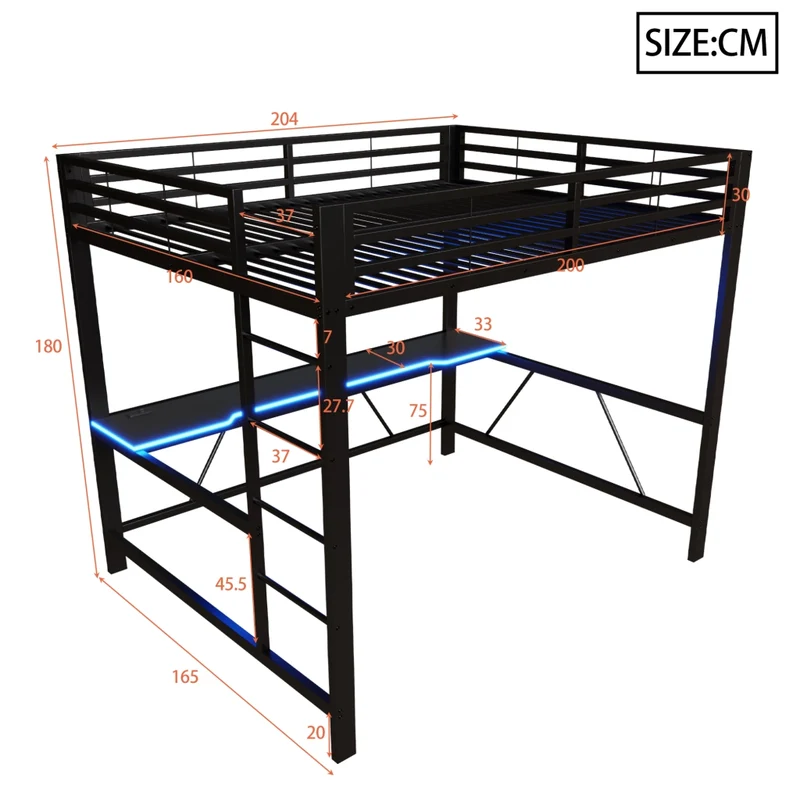 Letto a soppalco 160x200 con scrivania; LED e USB; struttura in metallo nero