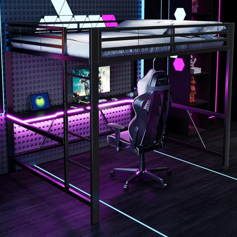 Letto a soppalco 160x200 con scrivania; LED e USB; struttura in metallo nero
