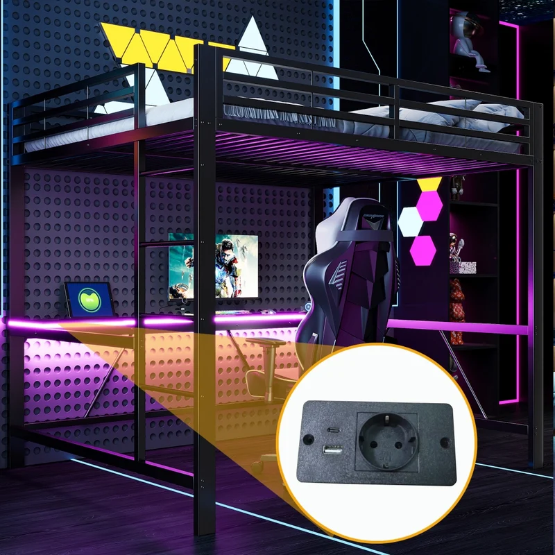 Letto a soppalco 160x200 con scrivania; LED e USB; struttura in metallo nero