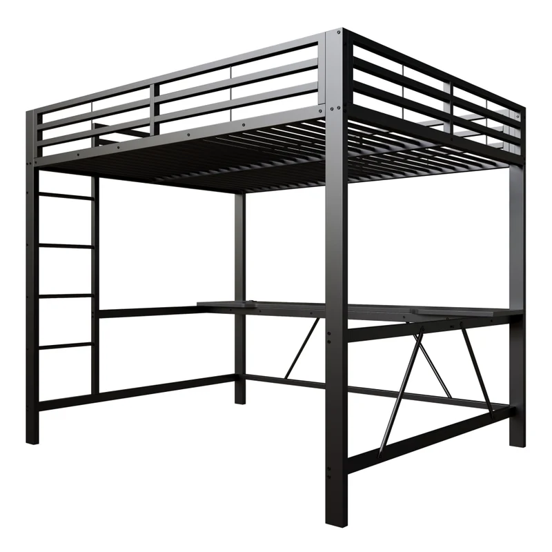 Letto a soppalco 160x200 con scrivania; LED e USB; struttura in metallo nero