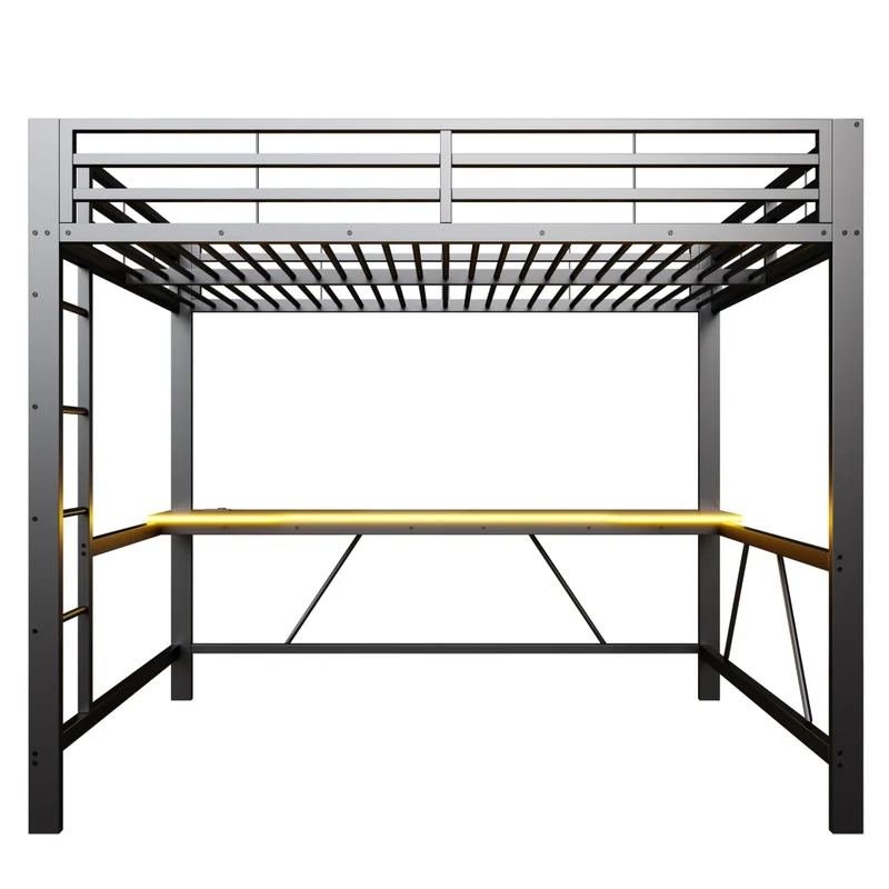 Letto a soppalco 160x200 con scrivania; LED e USB; struttura in metallo nero